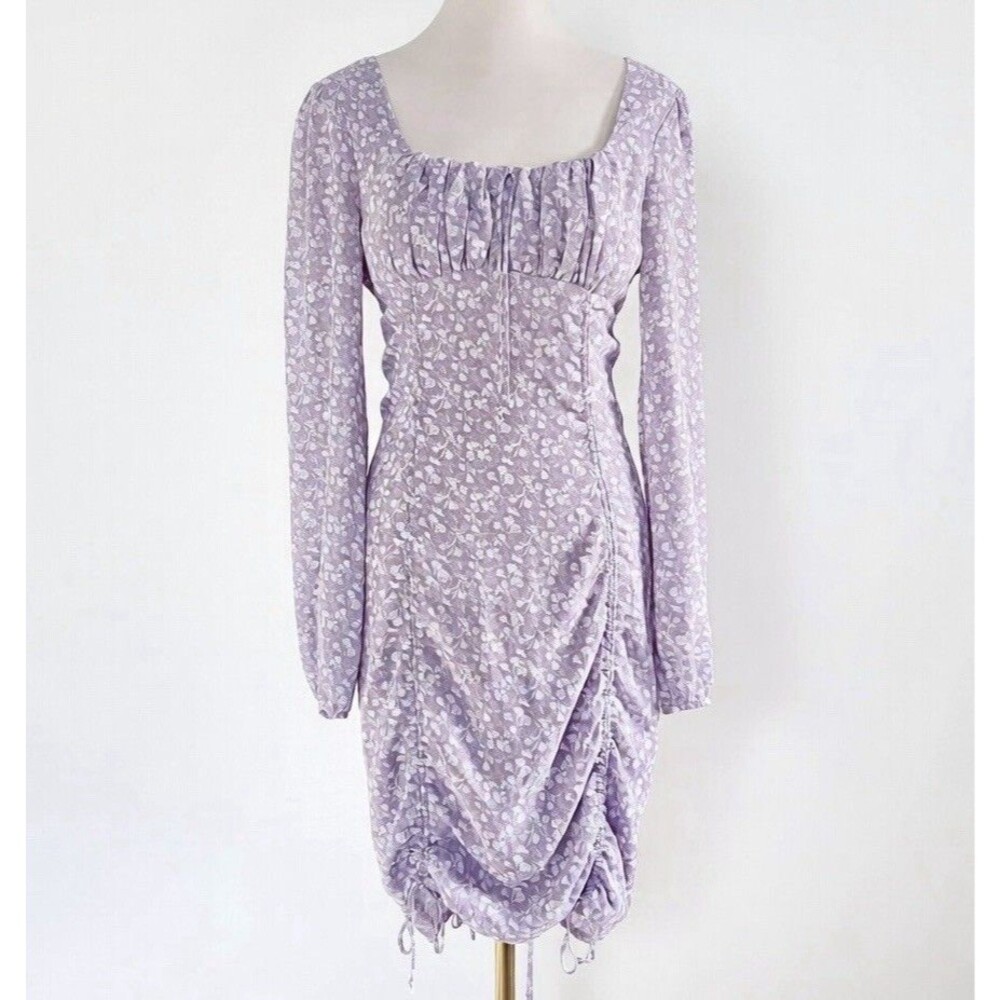 Isalis Lavender Purple Floral Long Sleeve Ruched Bodycon Dress Womens sz M